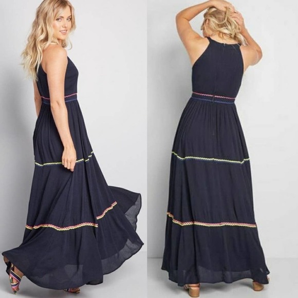 Modcloth Yes To‎ Festive Ricarac Maxi Dress 4 Navy Blue Sleeveless - Picture 1 of 11